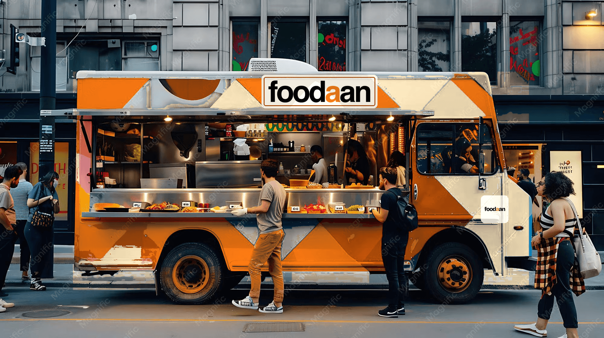 Food truck serving customers on a city street at dusk